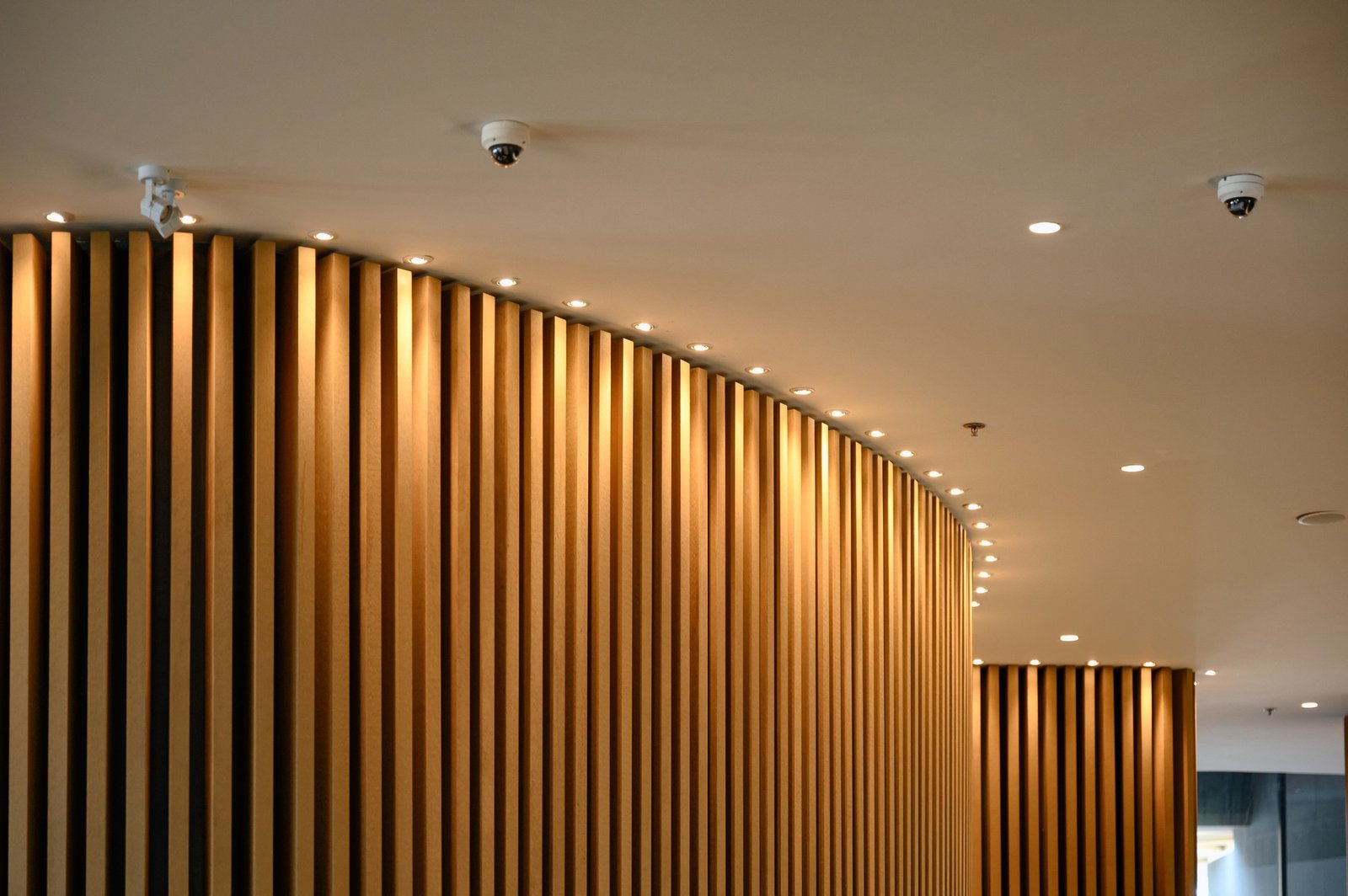 Dome CCTV install on ceiling with light wooden design
